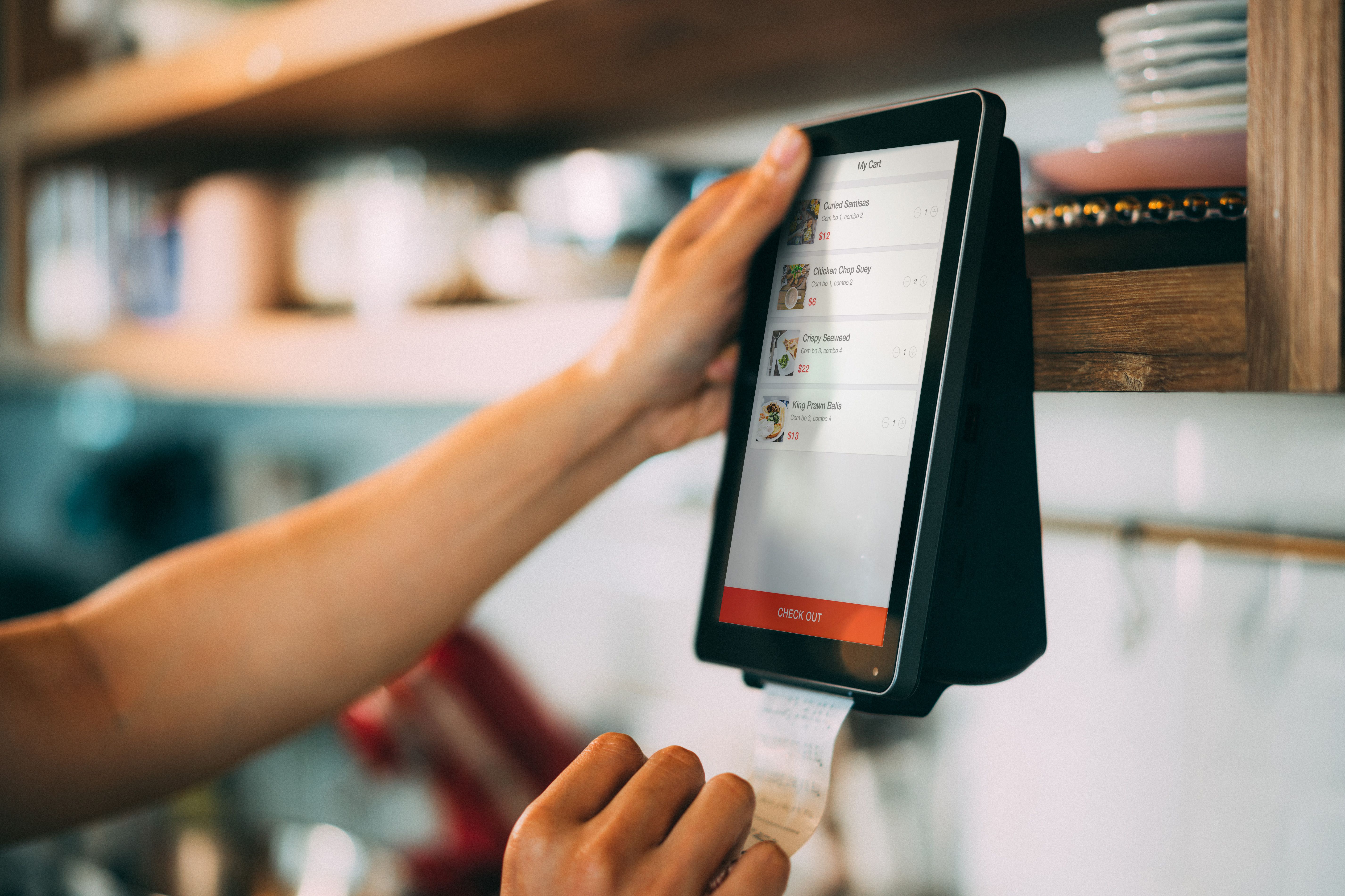 AI self-ordering kiosk terminal in modern fast casual restaurant