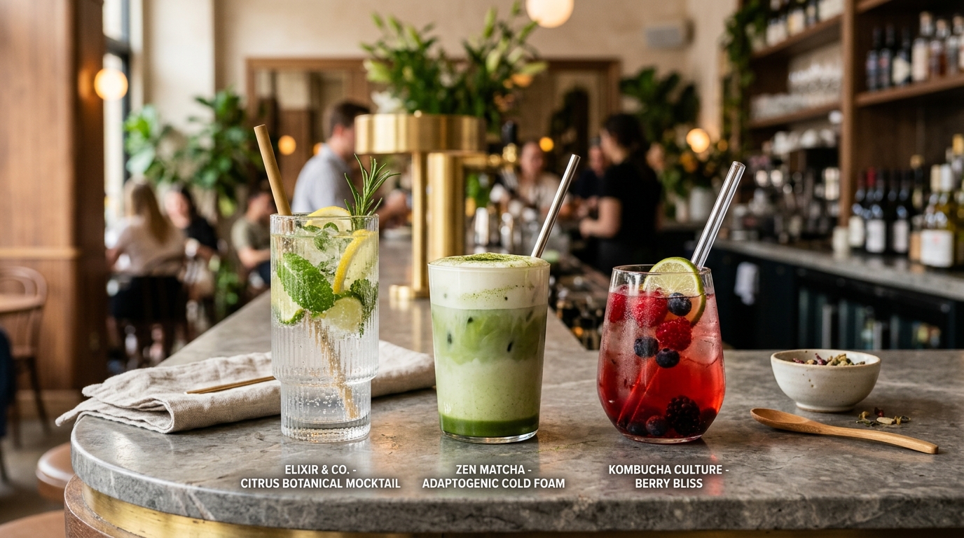 Functional beverages display in a modern restaurant featuring botanical mocktail, adaptogenic matcha, and prebiotic kombucha