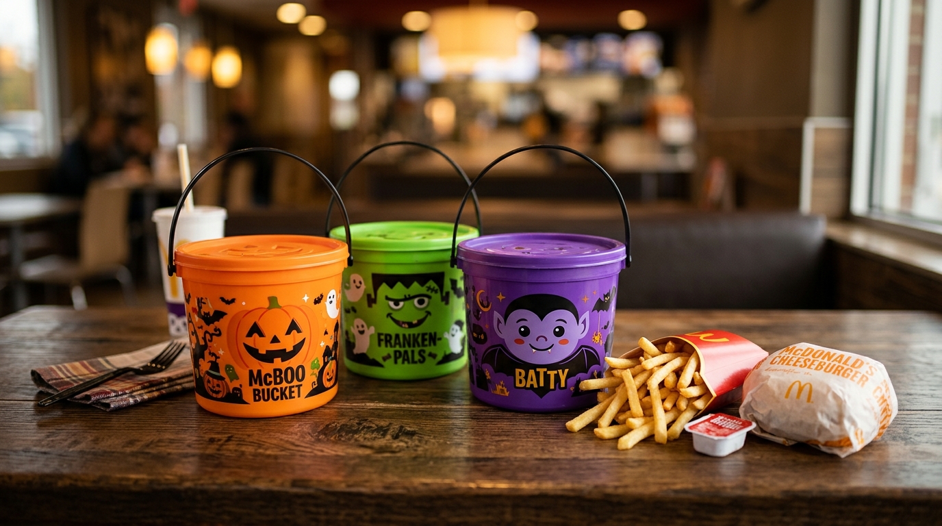 McDonald's Disney Villains Boo Buckets lineup for Halloween 2026 on restaurant table
