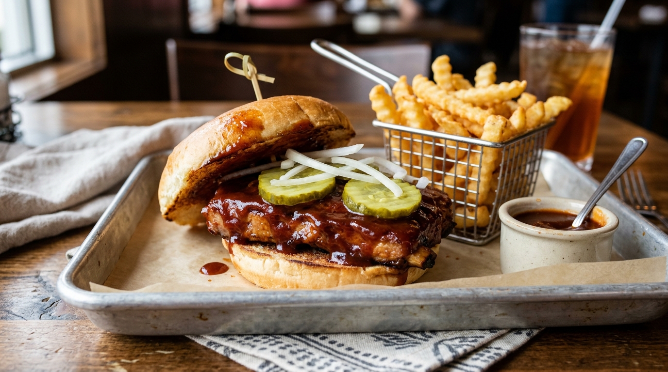 McDonald's McRib sandwich with barbecue sauce, pickles, and slivered onions on restaurant platter with fries