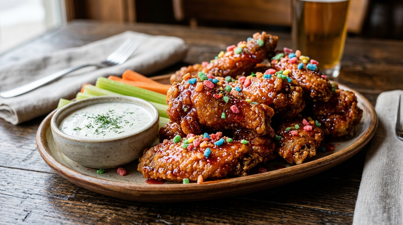 Wingstop Sour Patch Kids Wicked Punch crispy chicken wings and tenders garnished with candy bits